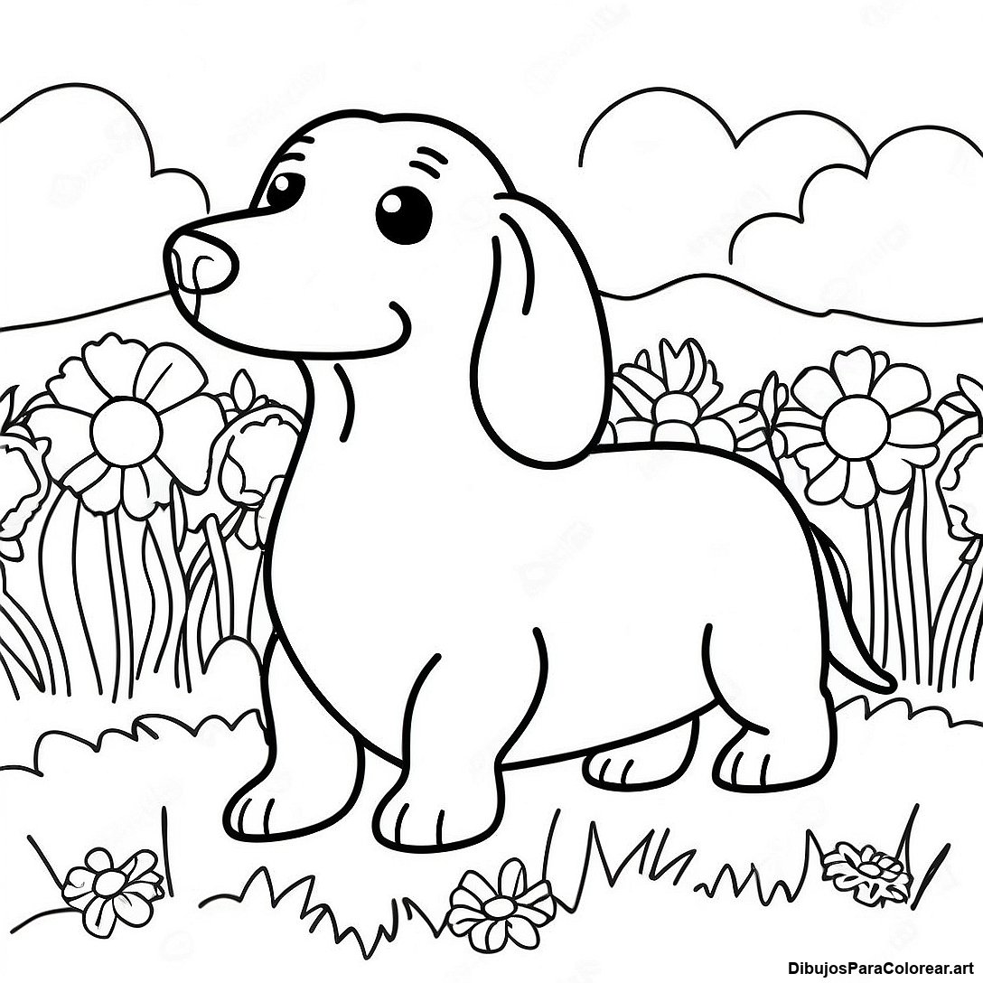 Pagina Para Colorear De Dachshund De Pelo Largo En Un Campo De Flores 79358 21553