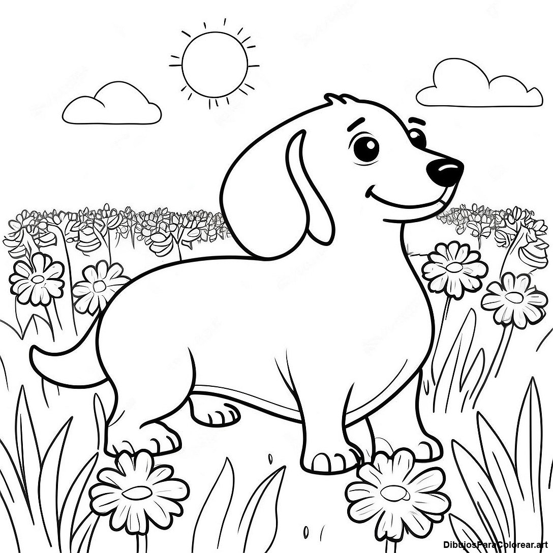 Pagina Para Colorear De Dachshund De Pelo Largo En Un Campo De Flores 79358 21556