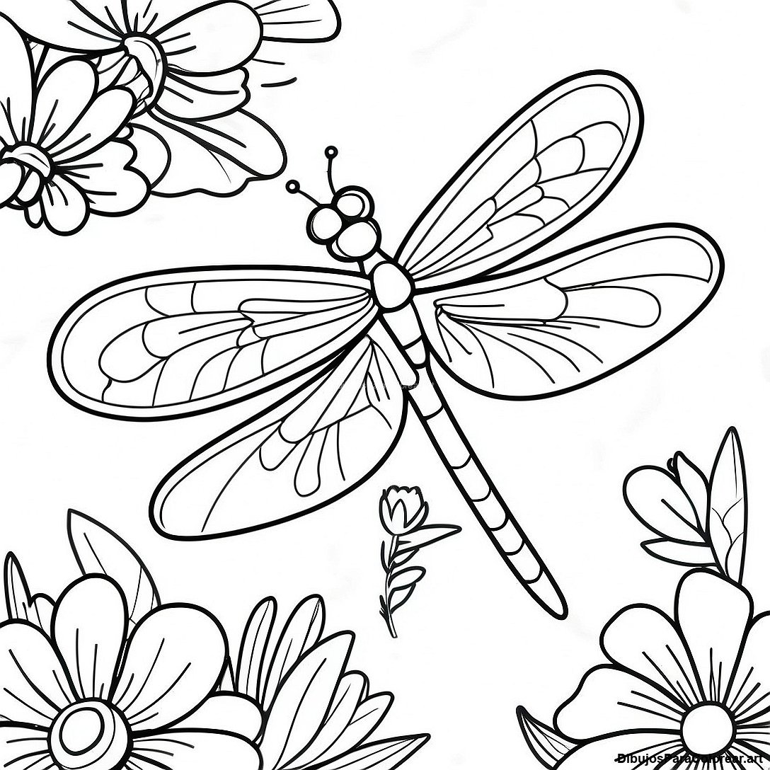 Pagina Para Colorear De La Libelula Colorida En Un Jardin De Flores 39731 8674